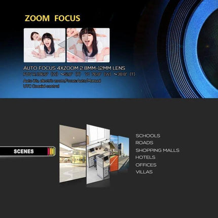 Surveillance IP Camera for Home Security with Night Vision showing 4x zoom manual focus lens and scene examples for indoor and outdoor use