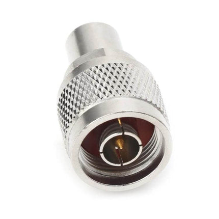 RF Coaxial Adapter with N Male to FME Connectors for Device Links - close-up of N male to FME RF adapter showing knurled body and center pin