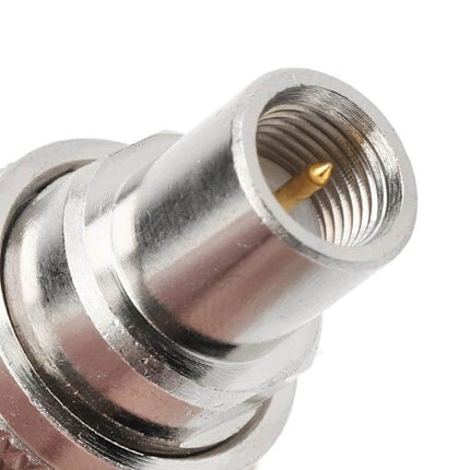 RF Coaxial Adapter with N Male to FME Connectors for Device Links - close-up of metallic N male to FME male RF adapter