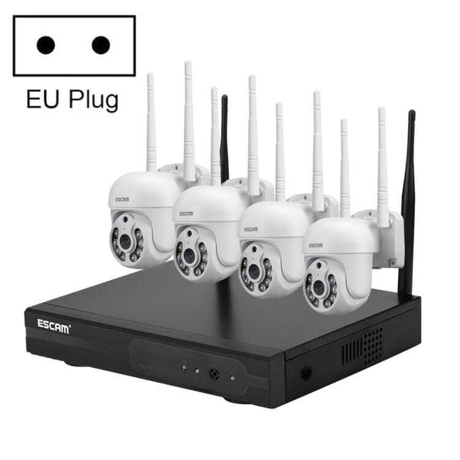 ESCAM Wireless Home Security Camera System with 4 Channels showing four white wireless cameras and a black NVR for home monitoring