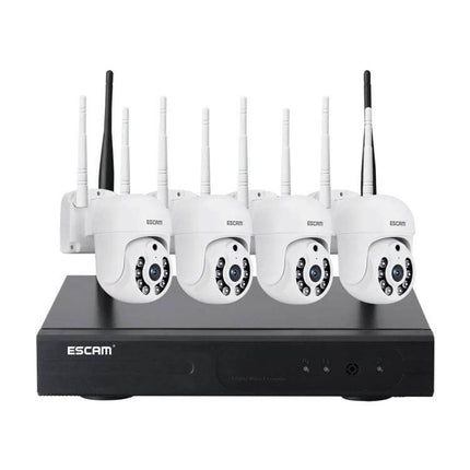 Escam Wireless Home Security Camera System with 4 Channels showing four wireless cameras and DVR for home monitoring