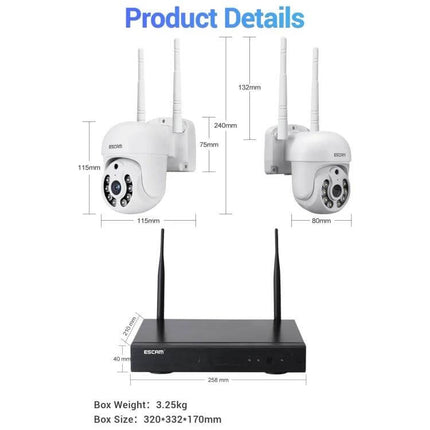 ESCAM Wireless Home Security Camera System with 4 Channels showing two white dome cameras and a wireless NVR with dimensions