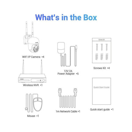 ESCAM Wireless Home Security Camera System with 4 Channels box contents diagram showing four WiFi IP cameras, NVR, power adapters, screws, mouse, network cable and quick start guide