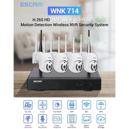 ESCAM Wireless Home Security Camera System with 4 Channels showing four wireless cameras and NVR for home monitoring
