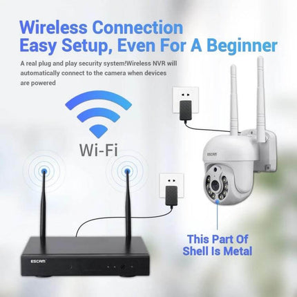 ESCAM Wireless Home Security Camera System with 4 Channels showing wireless NVR, outdoor camera and Wi-Fi setup