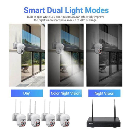 ESCAM Wireless Home Security Camera System with 4 Channels showing day, color night vision and night vision modes with four dome cameras and NVR