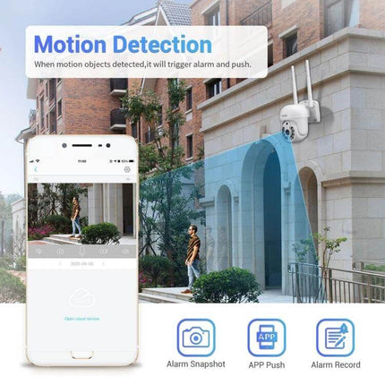 ESCAM Wireless Home Security Camera System with 4 Channels front view showing motion detection, mobile app alert and exterior mounting