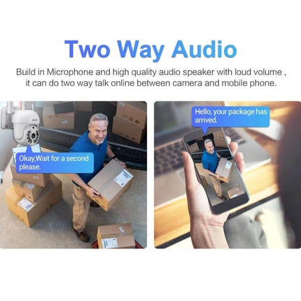 ESCAM Wireless Home Security Camera System with 4 Channels showing two-way audio alert to communicate with a delivery person via mobile app