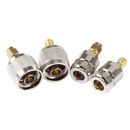 SMA to N RF Coaxial Adapter for Antenna and Radio Connections showing four connector combinations in silver and gold, ideal for short-distance RF setups