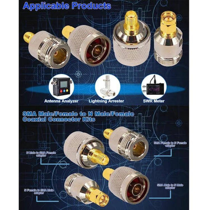 SMA to N RF Coaxial Adapter for Antenna and Radio Connections - gold-plated SMA and N connectors shown