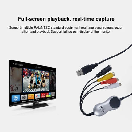 EZCAP Device for Capturing Analog Videos to Computer connected via USB with RCA cables beside TV showing real-time fullscreen playback