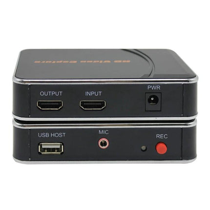 EZCAP HDMI Video Capture Device for Easy Recording showing HDMI input/output, USB host, mic jack and record button