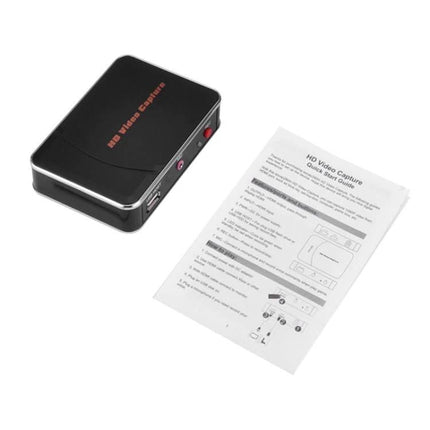 EZCAP HDMI Video Capture Device for Easy Recording black capture box with USB ports and quick start guide on white background