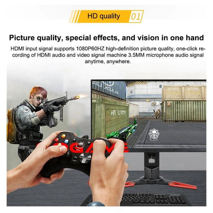 EZCAP HDMI Video Capture Device for Easy Recording showing gamer holding controller with gameplay on monitor and HDMI recording features