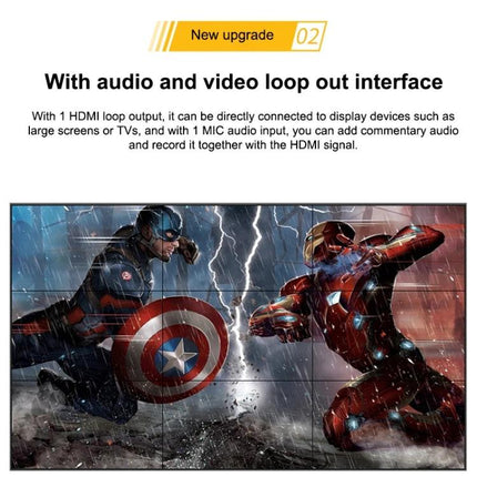 EZCAP HDMI Video Capture Device for Easy Recording showing HDMI loop-out demo with gameplay capture of Captain America vs Iron Man on large display