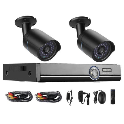 Bullet Outdoor Security Camera Kit with DVR and Night Vision showing two AHD bullet cameras, DVR, cables and accessories for outdoor surveillance