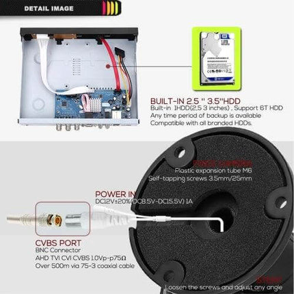 Bullet Outdoor Security Camera Kit with DVR and Night Vision - close-up of DVR internals, HDD bay and camera CVBS port connections