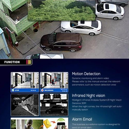 Bullet Outdoor Security Camera Kit with DVR and Night Vision monitoring parking lot and entrance with night vision and motion detection features