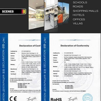 Bullet Outdoor Security Camera Kit with DVR and Night Vision certification documents and sample installation scenes for schools, hotels, offices