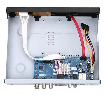 Bullet Outdoor Security Camera Kit with DVR and Night Vision internal DVR unit showing circuit board, cables, and BNC connectors