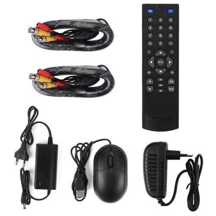 Bullet Outdoor Security Camera Kit with DVR and Night Vision accessories set including cables, remote, power adapters and USB mouse