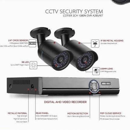 Bullet Outdoor Security Camera Kit with DVR and Night Vision - two AHD bullet cameras with night vision and DVR for outdoor CCTV surveillance