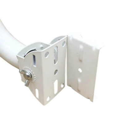 Adjustable Mounting Bracket for Outdoor Security Cameras mounted on white wall bracket, rotatable angle adjustment and locking bolt