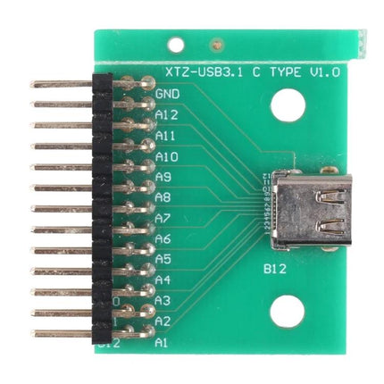 Double-Sided USB Type C Female Test Board for Device Repairs green PCB with USB-C socket and labeled header pins