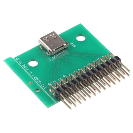Double-Sided USB Type C Female Test Board for Device Repairs - green PCB with USB-C female port and 20-pin header for troubleshooting connections