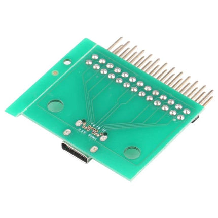 Double-Sided USB Type C Female Test Board for Device Repairs — green PCB adapter with soldered pins for troubleshooting smartphone and laptop USB-C ports