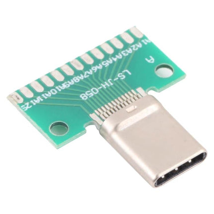 Double-Sided USB Type C Male Test Board for Device Repair showing USB-C male connector on green double-sided test PCB for diagnostics