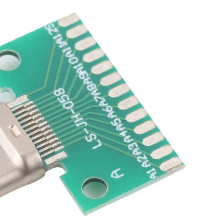 Double-Sided USB Type C Male Test Board for Device Repair close-up showing green PCB, Type-C connector and solder pads for testing connectivity