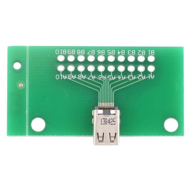 Micro HDMI Female Test Board for Device Repair Testing - green PCB with Micro HDMI female connector and serial test pads for troubleshooting devices