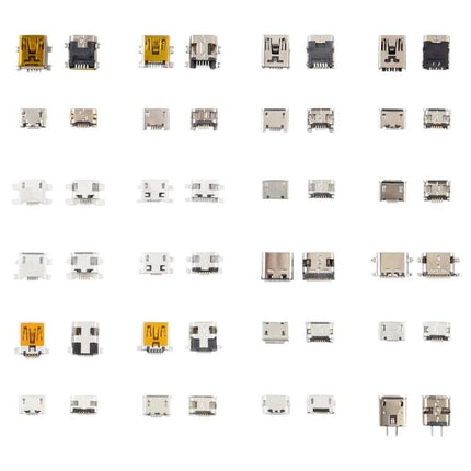240-Piece Micro USB and Type C Charging Port Connector Set for Repairs photo showing assorted micro USB and Type-C replacement ports laid out in rows