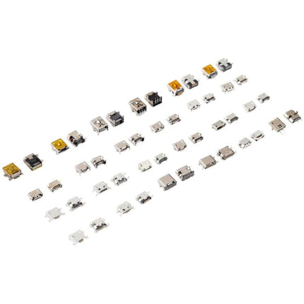 240-Piece Micro USB and Type C Charging Port Connector Set for Repairs showing assorted micro USB and Type-C ports laid out in rows