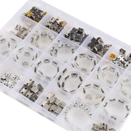 240-Piece Micro USB and Type C Charging Port Connector Set for Repairs - organized plastic case with assorted micro USB and Type-C port connectors