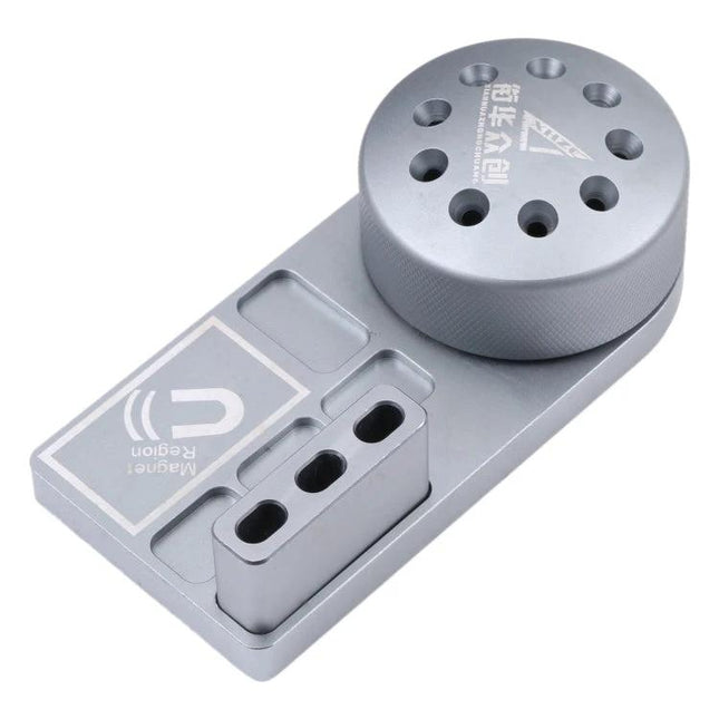 Magnetic Rotating Screwdriver Holder for Tool Organization - compact silver rotating holder with multiple bit slots and magnetic tray