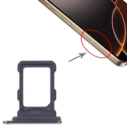 Replacement SIM Card Tray for iPhone 16 Pro Max Essentials - black replacement tray shown next to iPhone with tray slot highlighted