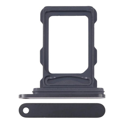 Replacement SIM Card Tray for iPhone 16 Pro Max Essentials - black replacement SIM tray and dust plug shown on white background