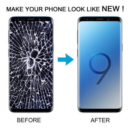 Samsung Galaxy S9 Replacement Screen for Everyday Phone Use showing cracked before and restored after display