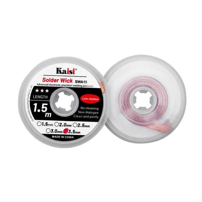 Kaisi Tin Suction Tape Cleaning Belt For Soldering Iron roll shown with label and tape for solder wick tip cleaning, anti-corrosion, 1.5m