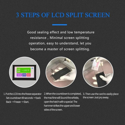 Efficient Professional Machine for Separating Smartphone Screens showing 3-step LCD split process with touchscreen controls and gloved technician