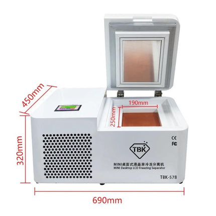 Efficient Professional Machine for Separating Smartphone Screens TBK-578 desktop LCD freezing separator showing open lid and dimensions