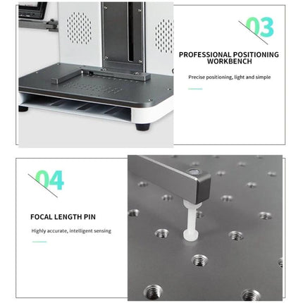 TBK Automatic Laser Marking Machine for Custom Engravings professional positioning workbench and focal length pin close-up
