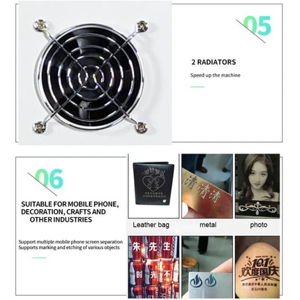 TBK Automatic Laser Marking Machine for Custom Engravings showing fan radiator detail and sample engravings on leather, metal, mobile phone and photo