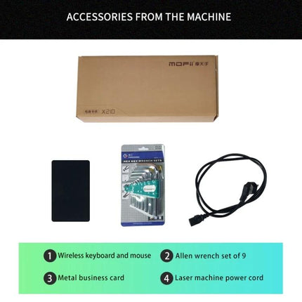 TBK Automatic Laser Marking Machine for Custom Engravings accessories kit with wireless keyboard, Allen wrench set, metal business card and power cord