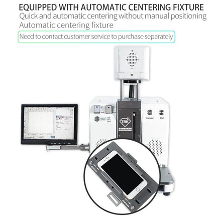TBK Automatic Laser Marking Machine for Custom Engravings showing TBK-958C with automatic centering fixture and smartphone jig