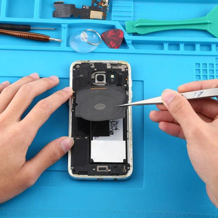 Precision Repair Tweezers with Long Pointed Stainless Steel Design used to handle small smartphone components during electronics repair