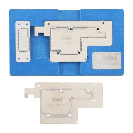 Kaisi Precision Stencil for iPhone X, XS, and XS Max Repairs showing metal stencil on blue pad for precise component soldering