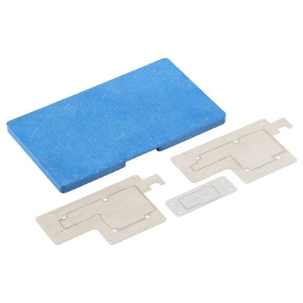 Kaisi Precision Stencil for iPhone X, XS, and XS Max Repairs showing metal stencils and blue holder for precise component soldering